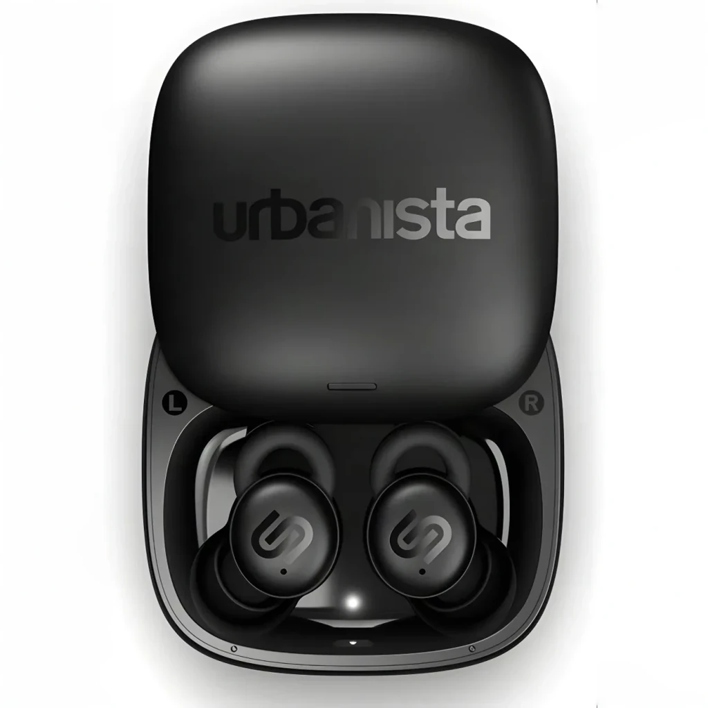 Écouteurs Urbanista Porto TWS In-Ear Bluetooth 5.4 27h (6h + étui), en utilisation: vue zénithale de l'étui noir ouvert