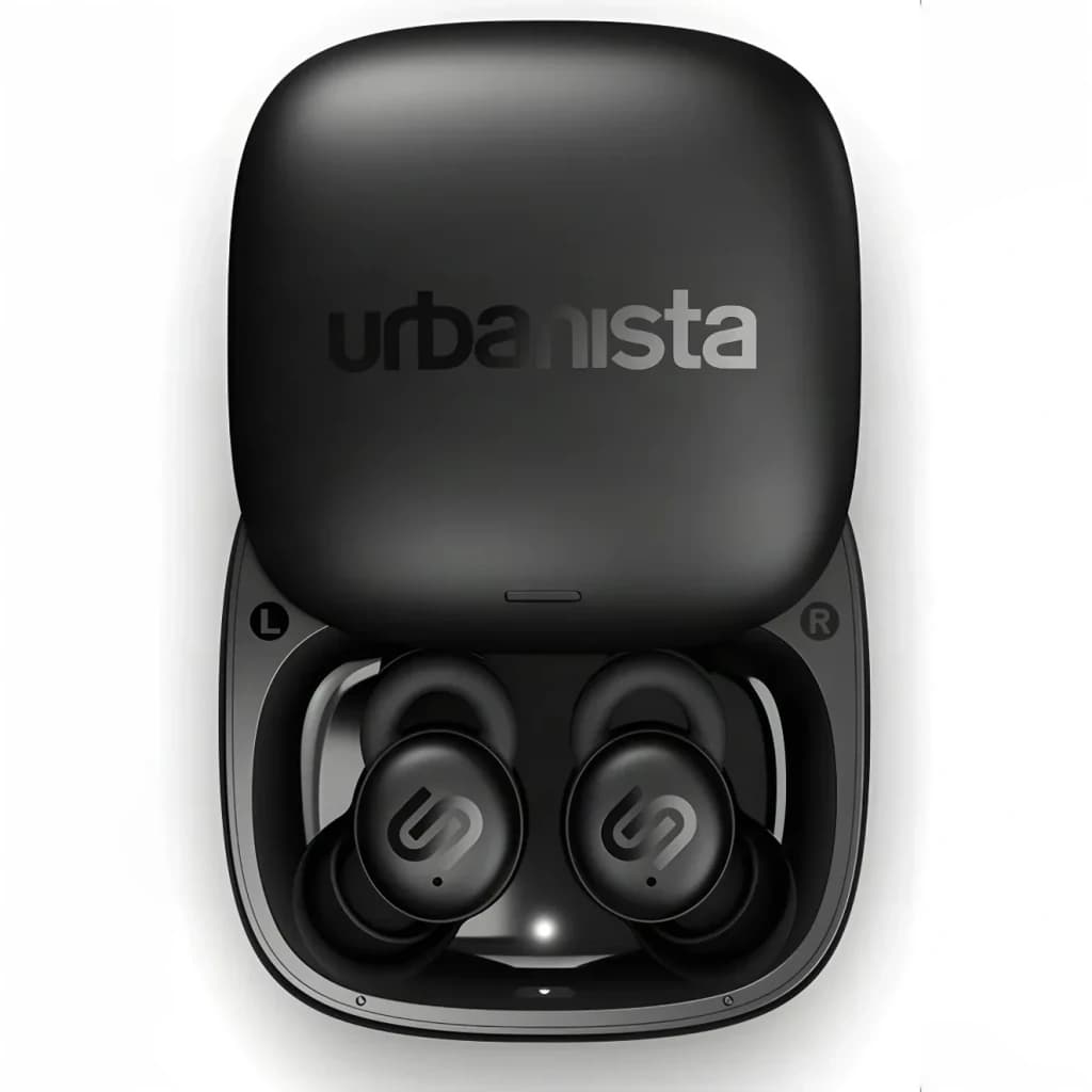 Auriculares Urbanista Porto TWS In-Ear Bluetooth 5.4 27h (6h + estuche), en uso: vista cenital del estuche abierto negro