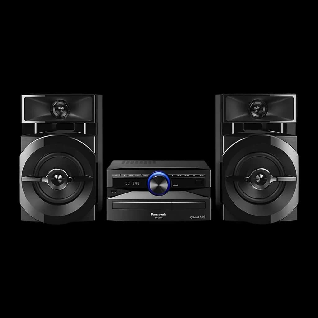 Chaîne hi-fi Panasonic SC-UX100E-K 300W Bluetooth, vue de face: unité centrale avec molette bleue, lecteur CD et deux