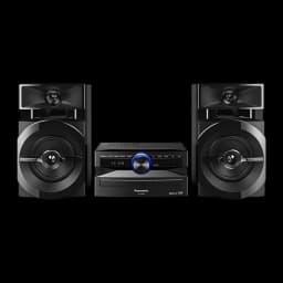 Chaîne hi-fi Panasonic SC-UX100E-K 300W Bluetooth, vue de face: unité centrale avec molette bleue, lecteur CD et deux