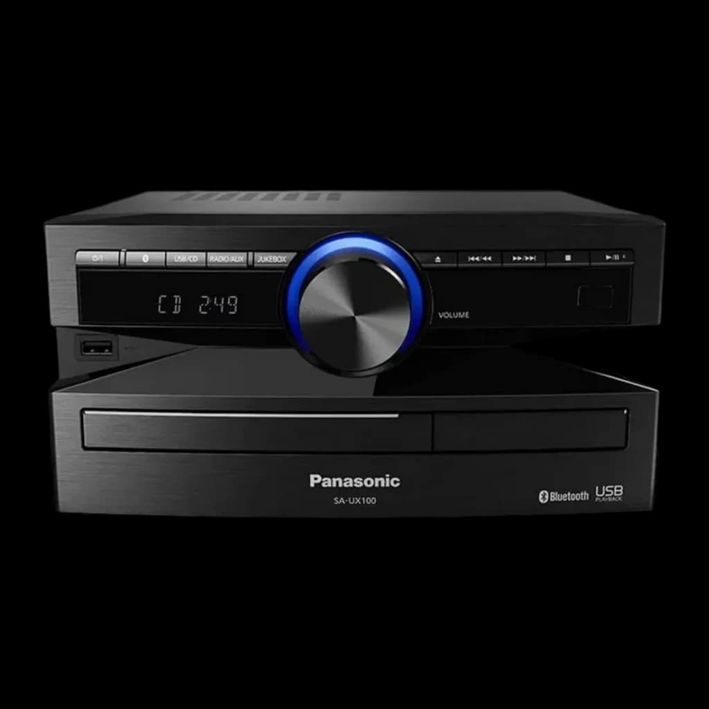 Chaîne hi-fi Panasonic SC-UX100E-K 300W Bluetooth, détail: bouton volume à anneau bleu, afficheur et lecteur CD