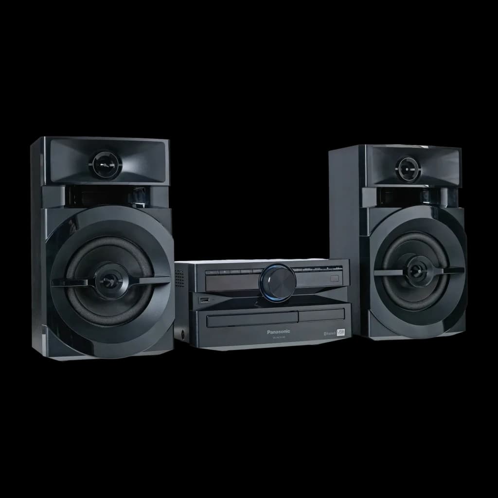 Chaîne hi-fi Panasonic SC-UX100E-K 300W Bluetooth, détail: enceintes avec woofer circulaire et unité centrale avec lecteur