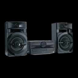 Chaîne hi-fi Panasonic SC-UX100E-K 300W Bluetooth, détail: enceintes avec woofer circulaire et unité centrale avec lecteur