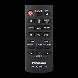 Chaîne hi-fi Panasonic SC-UX100E-K 300W Bluetooth, détail: télécommande noire avec boutons Bluetooth, USB/CD, Radio