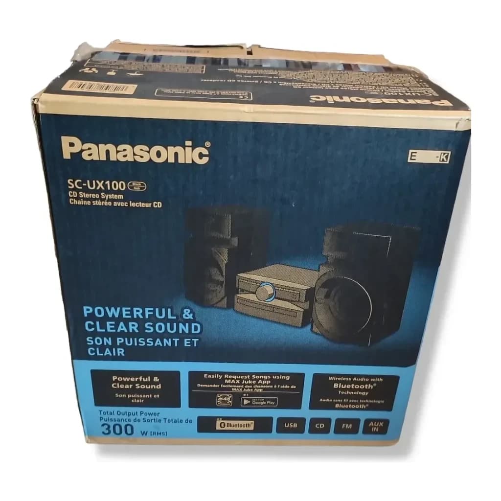 Chaîne hi-fi Panasonic SC-UX100E-K 300W Bluetooth, contenu de la boîte: boîte bleue avec visuel du système