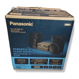 Chaîne hi-fi Panasonic SC-UX100E-K 300W Bluetooth, contenu de la boîte: boîte bleue avec visuel du système