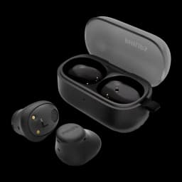 Auriculares Philips TAT2149 TWS Bluetooth 5.4 6h + 8h estojo Multiponto, vista frontal: dois earbuds pretos fora do estojo