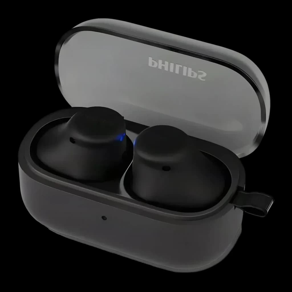 Auriculares Philips TAT2149 TWS Bluetooth 5.4 6h + 8h estojo Multiponto, detalhe: estojo aberto com auriculares pretos