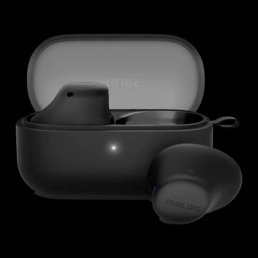 Auriculares Philips TAT2149 TWS Bluetooth 5.4 6h + 8h estojo Multiponto, vista traseira: estojo preto aberto com logo