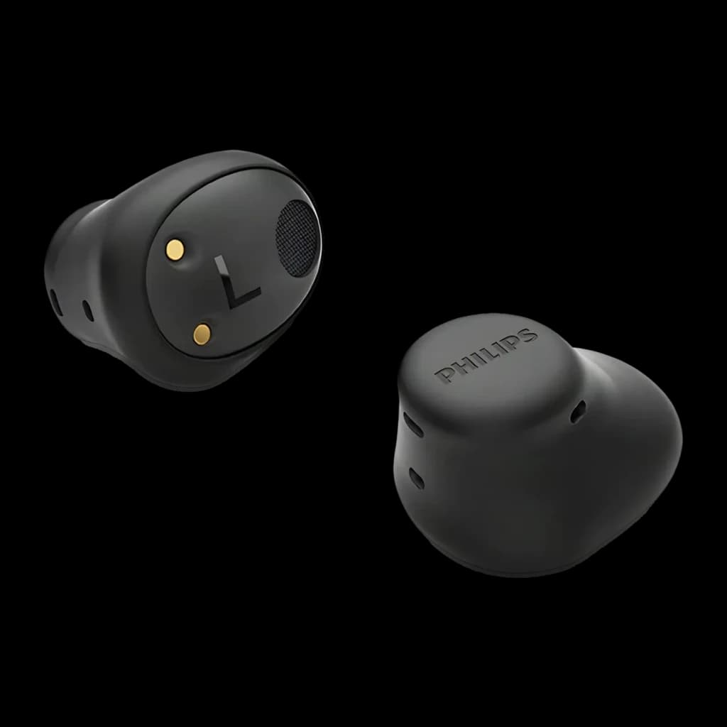 Auriculares Philips TAT2149 TWS Bluetooth 5.4 6h + 8h estojo Multiponto, detalhe: dois earbuds pretos com pinos dourados