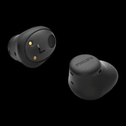 Auriculares Philips TAT2149 TWS Bluetooth 5.4 6h + 8h estojo Multiponto, detalhe: dois earbuds pretos com pinos dourados