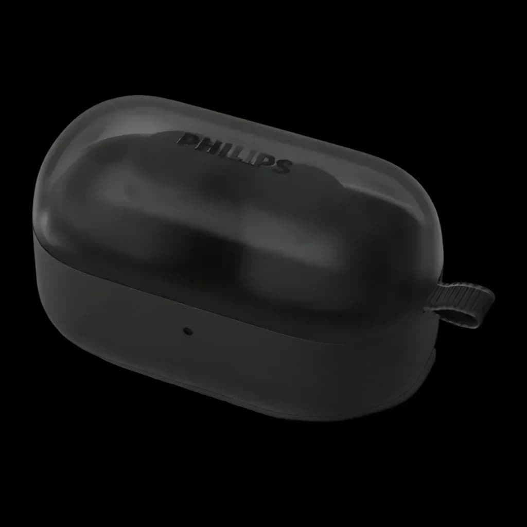 Auriculares Philips TAT2149 TWS Bluetooth 5.4 6h + 8h estojo Multiponto, detalhe: estojo preto fechado com logo Philips