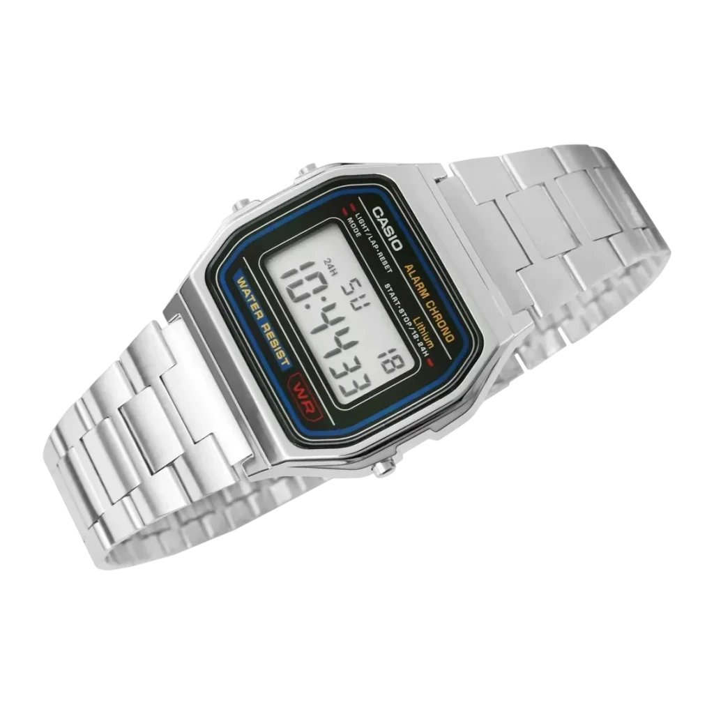 Casio A158WA-1DF Vintage Digital Cronómetro, Alarme, Calendário, detalhe: ecrã LCD com dígitos, caixa e bracelete prateadas
