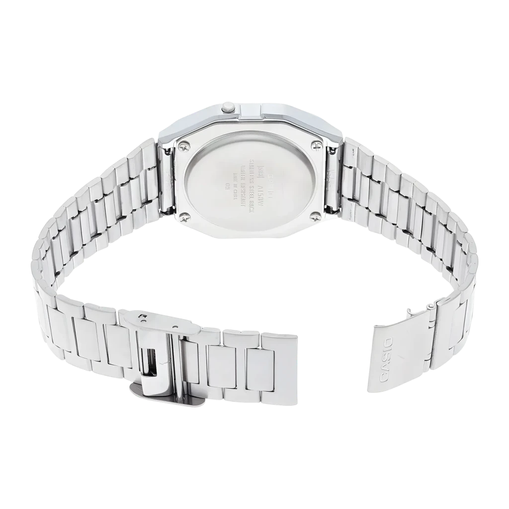 Casio A158WA-1DF Vintage Digital Cronómetro, Alarme, Calendário, vista traseira: tampa metálica gravada, bracelete e fecho