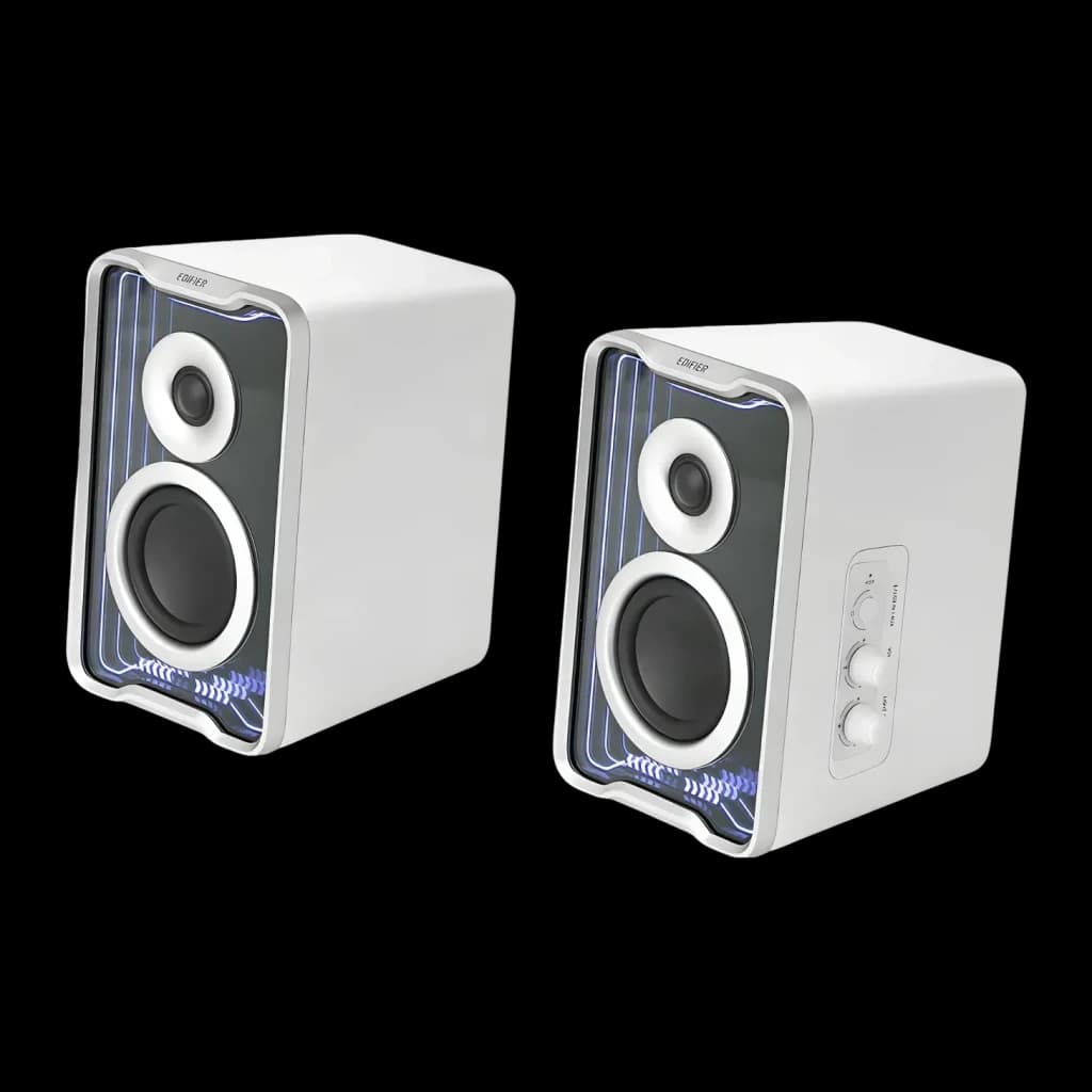 Enceintes de bureau Edifier QR30 30W Bluetooth 5.4 blanches, vue de face en angle: paire d'enceintes avec éclairage LED bleu