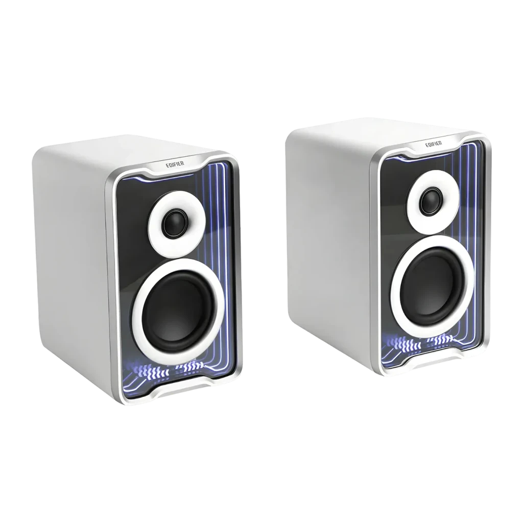 Enceintes de bureau Edifier QR30 30W Bluetooth 5.4, vue avant en angle: paire blanche avec éclairage LED bleu