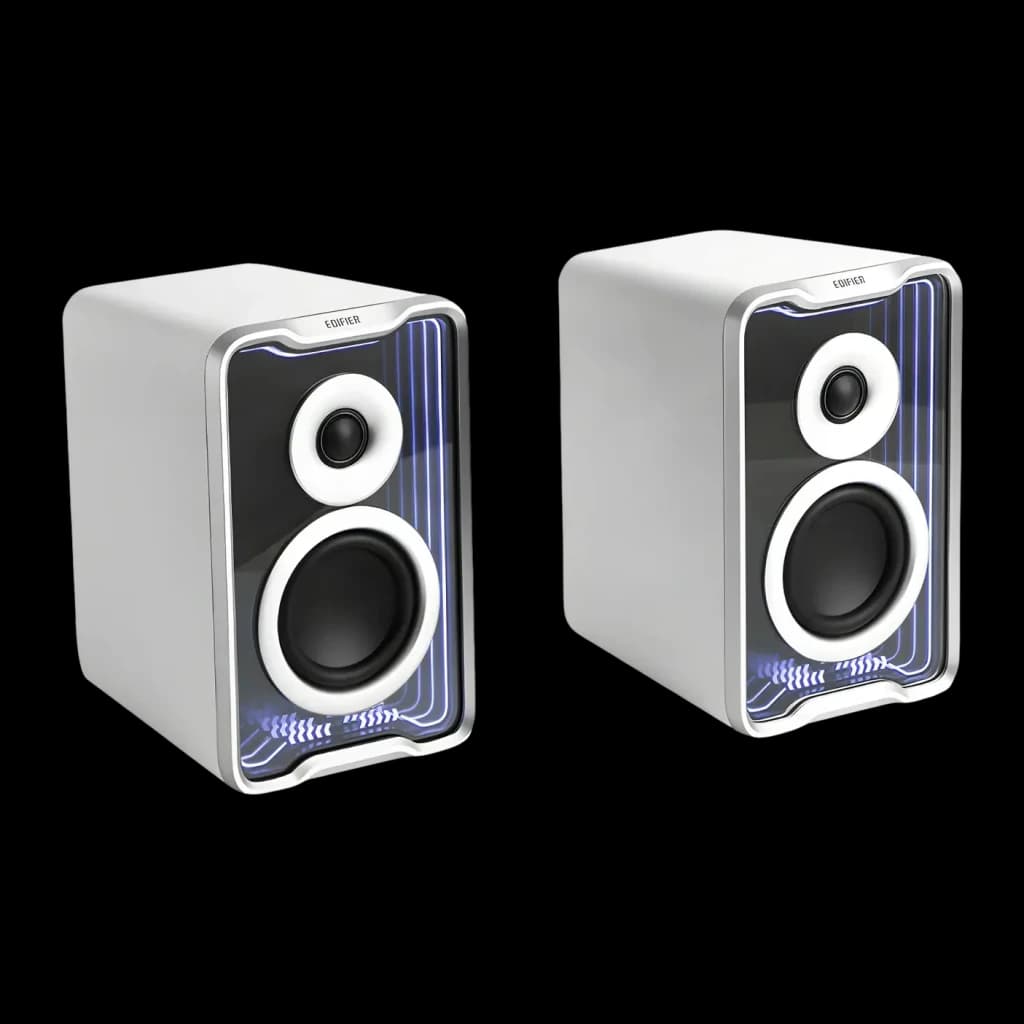Enceintes de bureau Edifier QR30 30W Bluetooth 5.4, vue avant en angle: paire blanche avec éclairage LED bleu