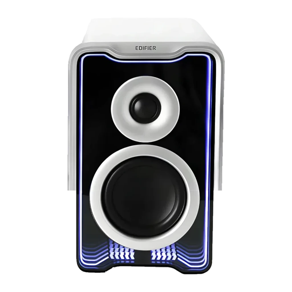 Enceintes de bureau Edifier QR30 30W Bluetooth 5.4, vue avant: woofer et tweeter blancs avec éclairage RGB bleu