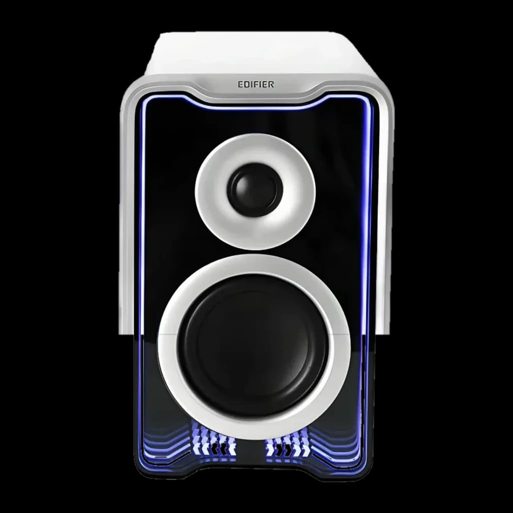 Enceintes de bureau Edifier QR30 30W Bluetooth 5.4, vue avant: woofer et tweeter blancs avec éclairage RGB bleu