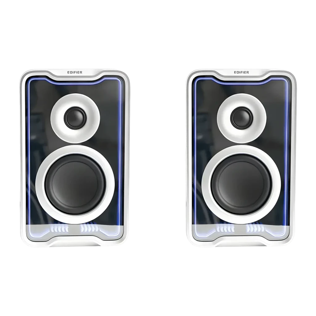 Enceintes de bureau Edifier QR30 30W Bluetooth 5.4, vue frontale paire: woofer et tweeter blancs avec éclairage LED bleu