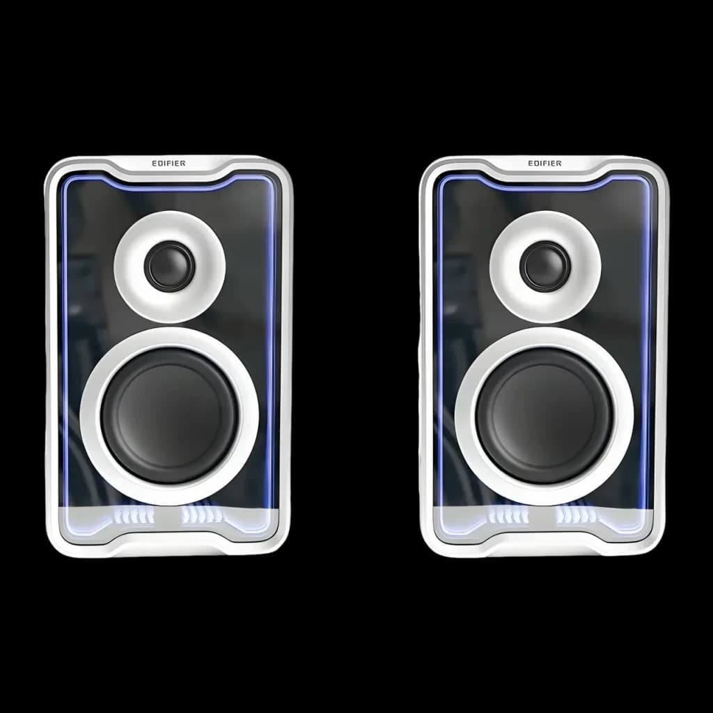 Enceintes de bureau Edifier QR30 30W Bluetooth 5.4, vue frontale paire: woofer et tweeter blancs avec éclairage LED bleu