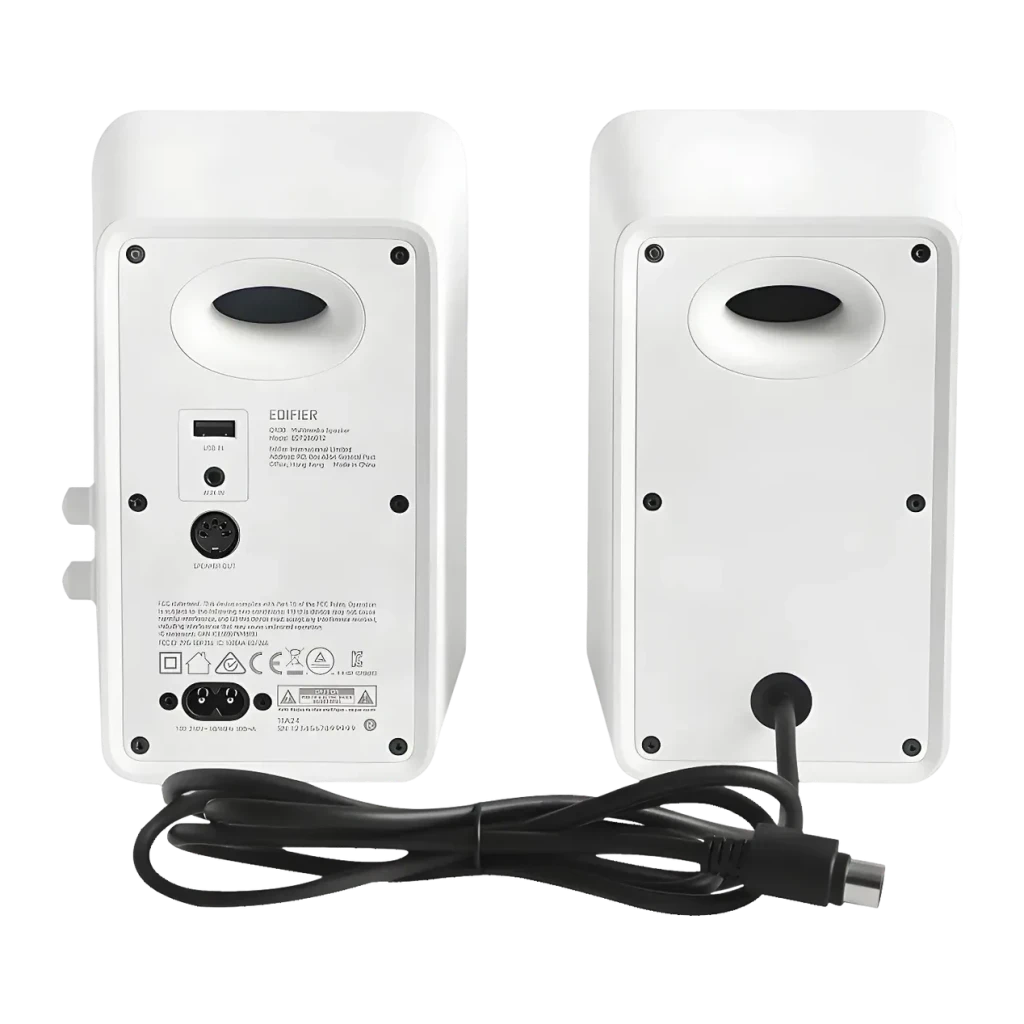 Enceintes de bureau Edifier QR30 30W Bluetooth 5.4 blanches, vue arrière: ports USB, RCA, sortie subwoofer et câble