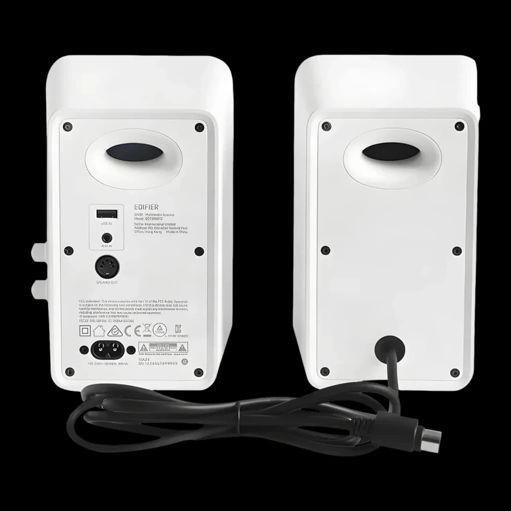 Enceintes de bureau Edifier QR30 30W Bluetooth 5.4 blanches, vue arrière: ports USB, RCA, sortie subwoofer et câble