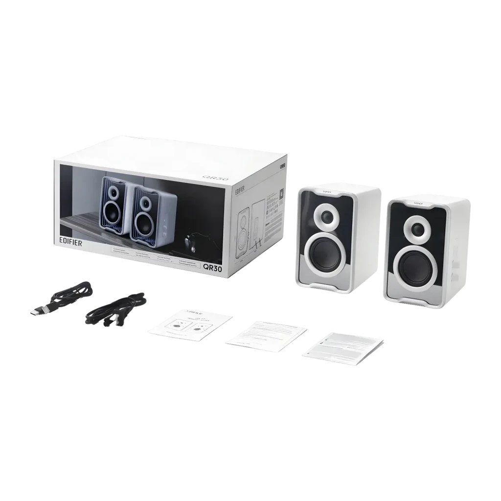 Enceintes de bureau Edifier QR30 30W Bluetooth 5.4, contenu boîte: paire d'enceintes blanches, boîte, câbles et manuels