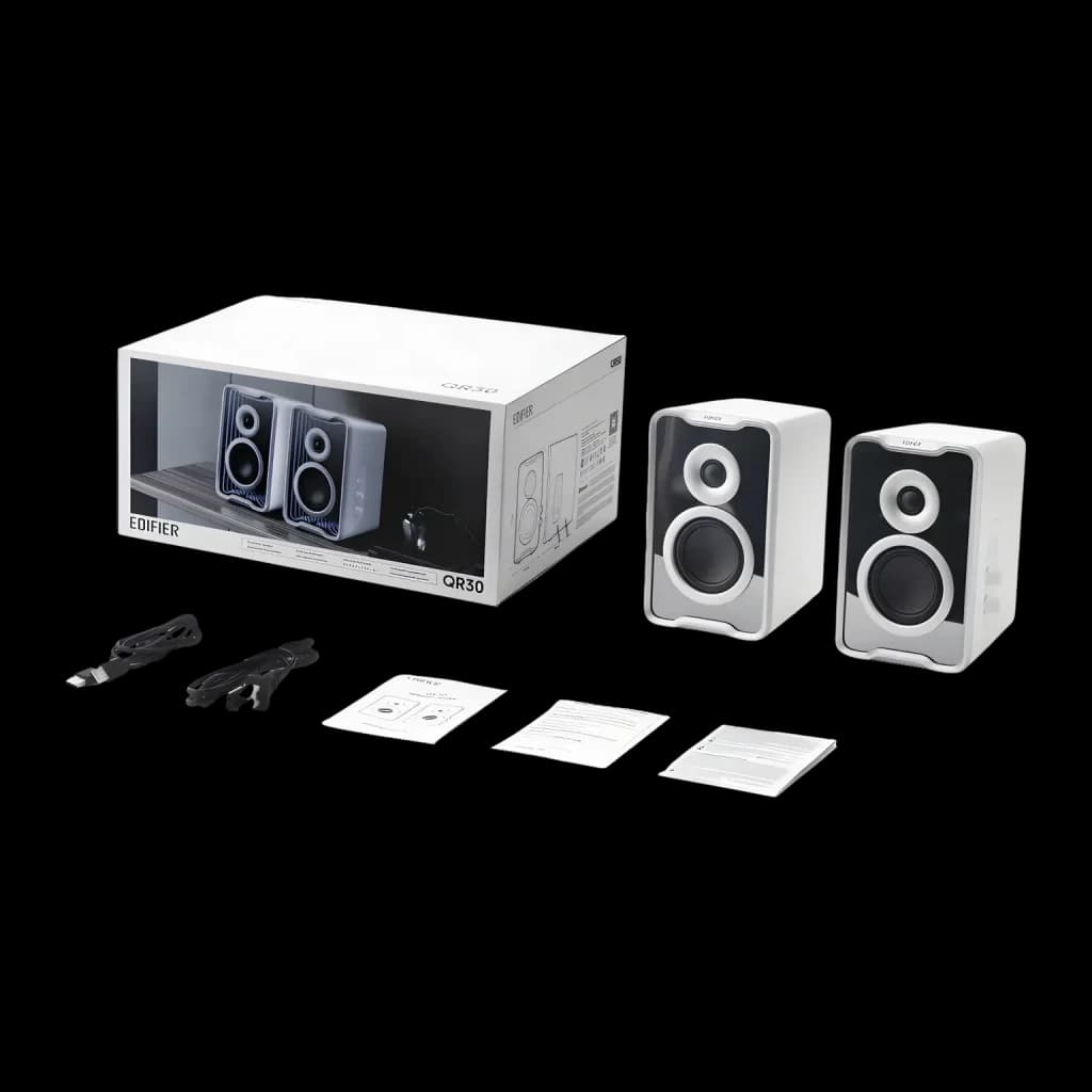 Enceintes de bureau Edifier QR30 30W Bluetooth 5.4, contenu boîte: paire d'enceintes blanches, boîte, câbles et manuels