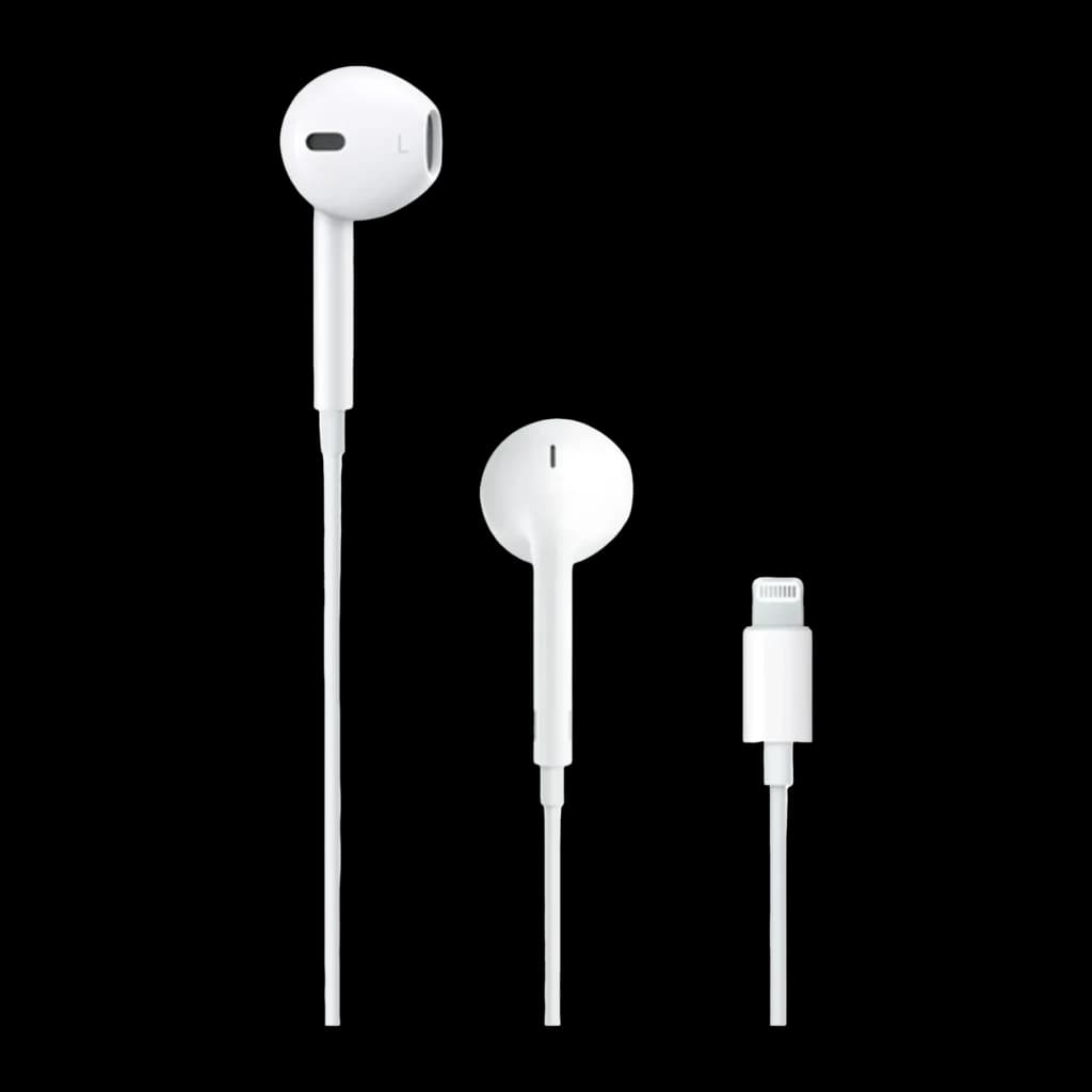 Auriculares Apple EarPods In-Ear Cabo Lightning, vista frontal: dois auriculares brancos abertos e conector Lightning