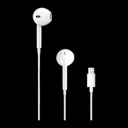 Auriculares Apple EarPods In-Ear Cabo Lightning, vista frontal: dois auriculares brancos abertos e conector Lightning