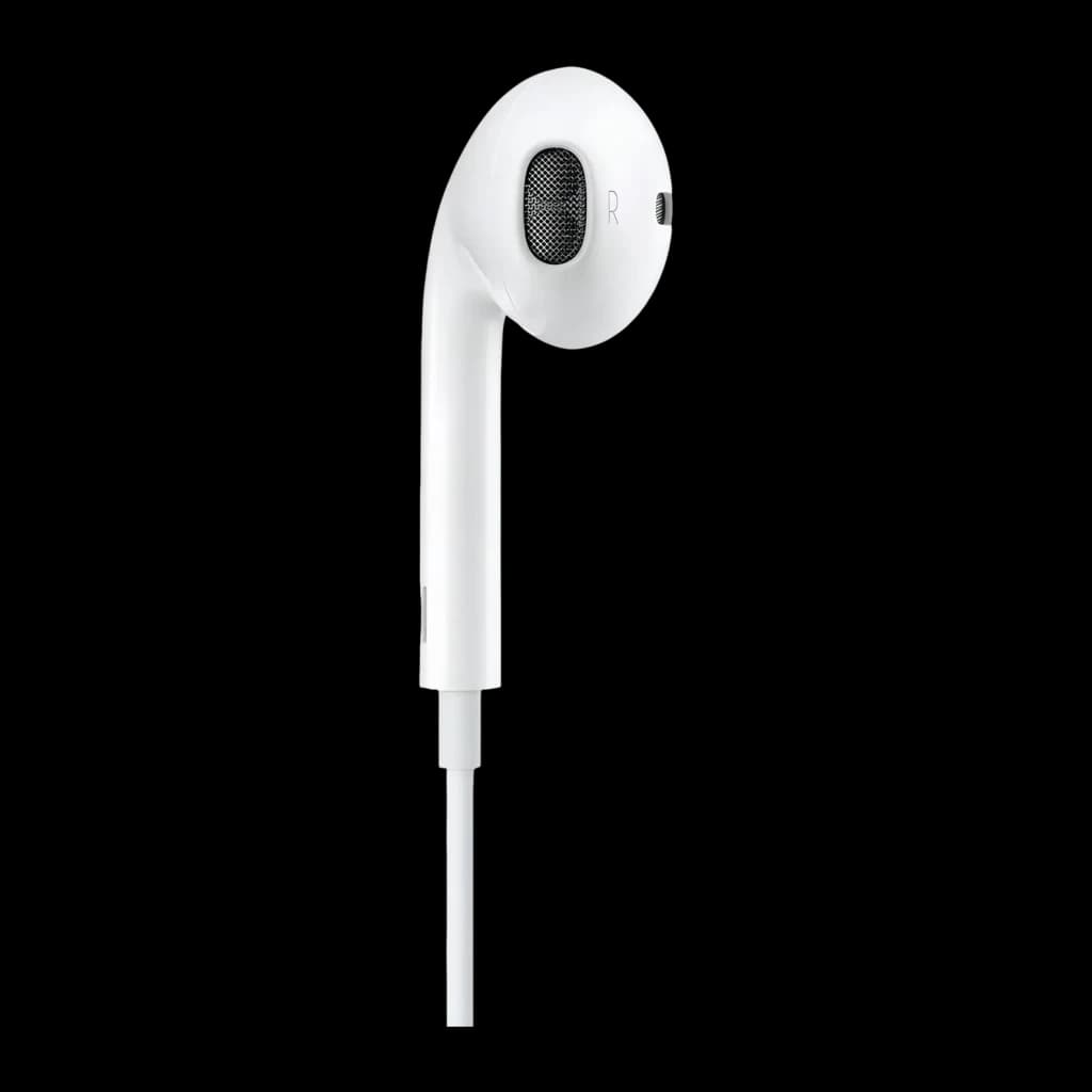 Auriculares Apple EarPods In-Ear Cabo Lightning, vista lateral direita: grelha do altifalante, letra R e microfone visíveis