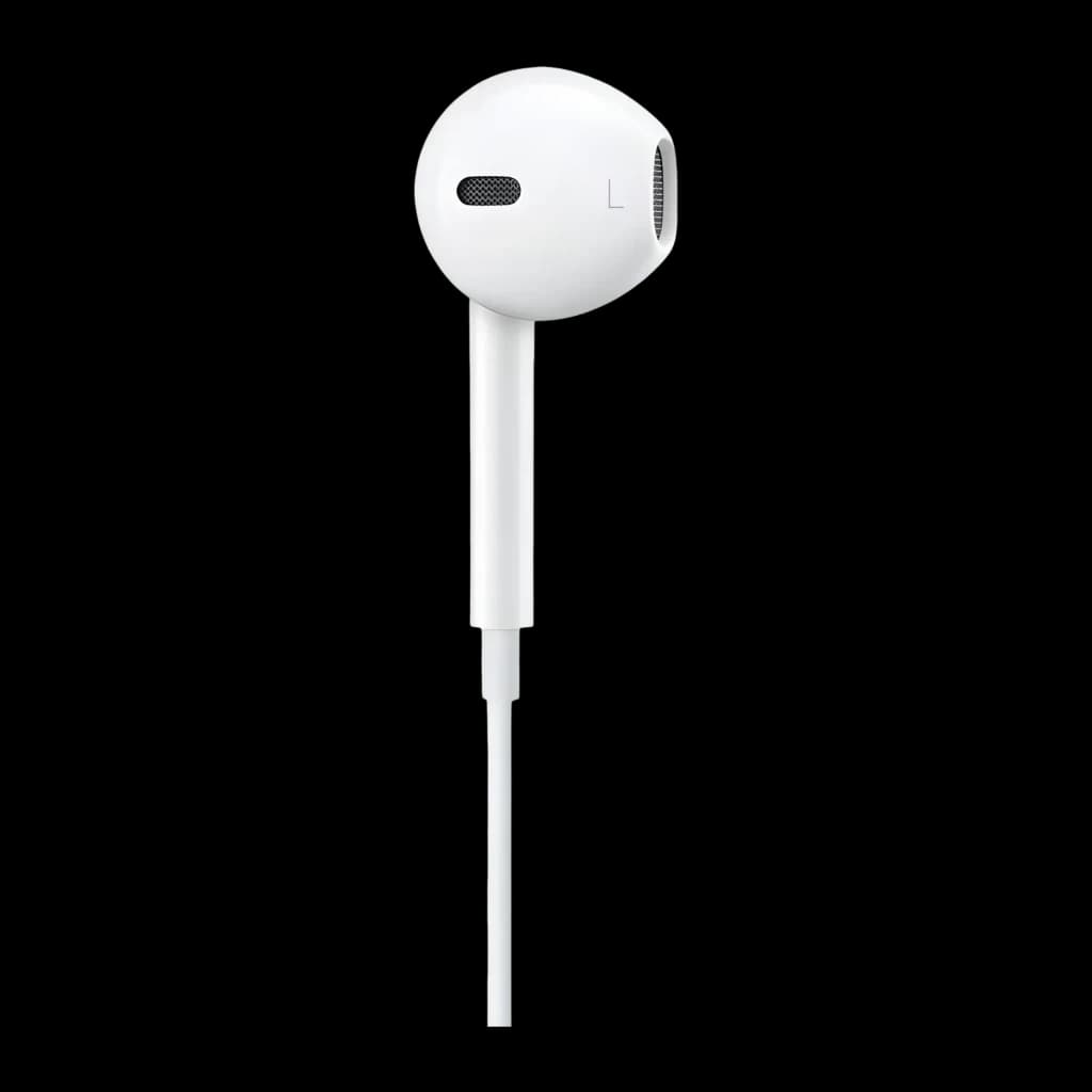 Auriculares Apple EarPods In-Ear Cabo Lightning, vista frontal: auricular esquerdo branco com grelha e cabo sobre fundo preto