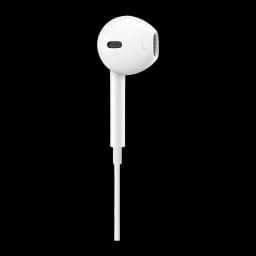Auriculares Apple EarPods In-Ear Cabo Lightning, vista frontal: auricular esquerdo branco com grelha e cabo sobre fundo preto
