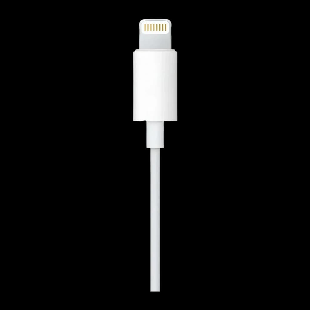 Auriculares Apple EarPods In-Ear Cabo Lightning, detalhe: conector Lightning branco com pinos dourados e cabo em fundo preto