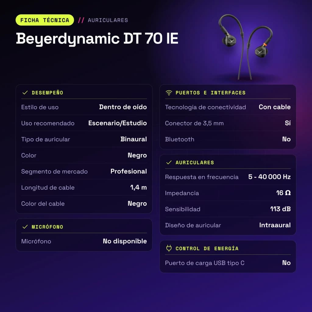 Écouteurs Beyerdynamic DT 70 IE In-Ear Jack 3,5 mm - caractéristiques
