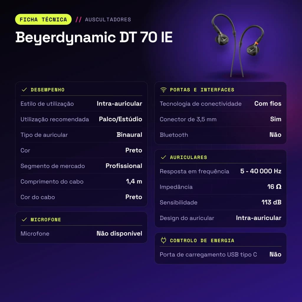 Écouteurs Beyerdynamic DT 70 IE In-Ear Jack 3,5 mm - caractéristiques