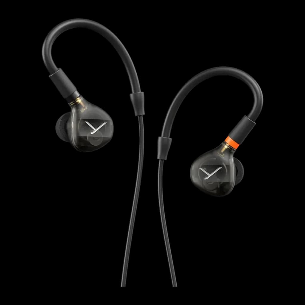 Écouteurs Beyerdynamic DT 70 IE In-Ear Jack 3,5 mm, vue avant: deux écouteurs noirs avec logo Y, crochets et anneau orange