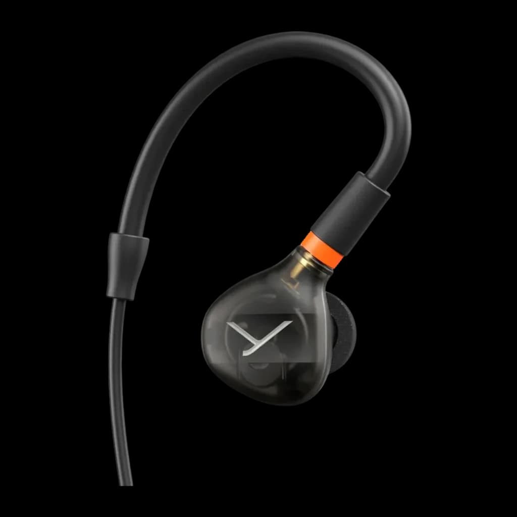 Écouteurs Beyerdynamic DT 70 IE In-Ear Jack 3,5 mm, vue latérale: coque semi-transparente avec logo Y et anneau orange