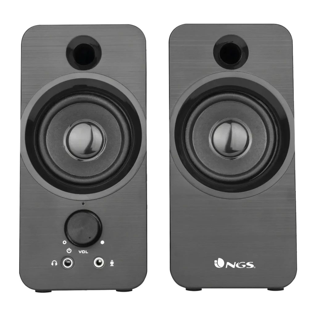 Colunas NGS SB350 6W Sem Fios, vista frontal: duas unidades pretas com woofer circular, tweeter e botão de volume