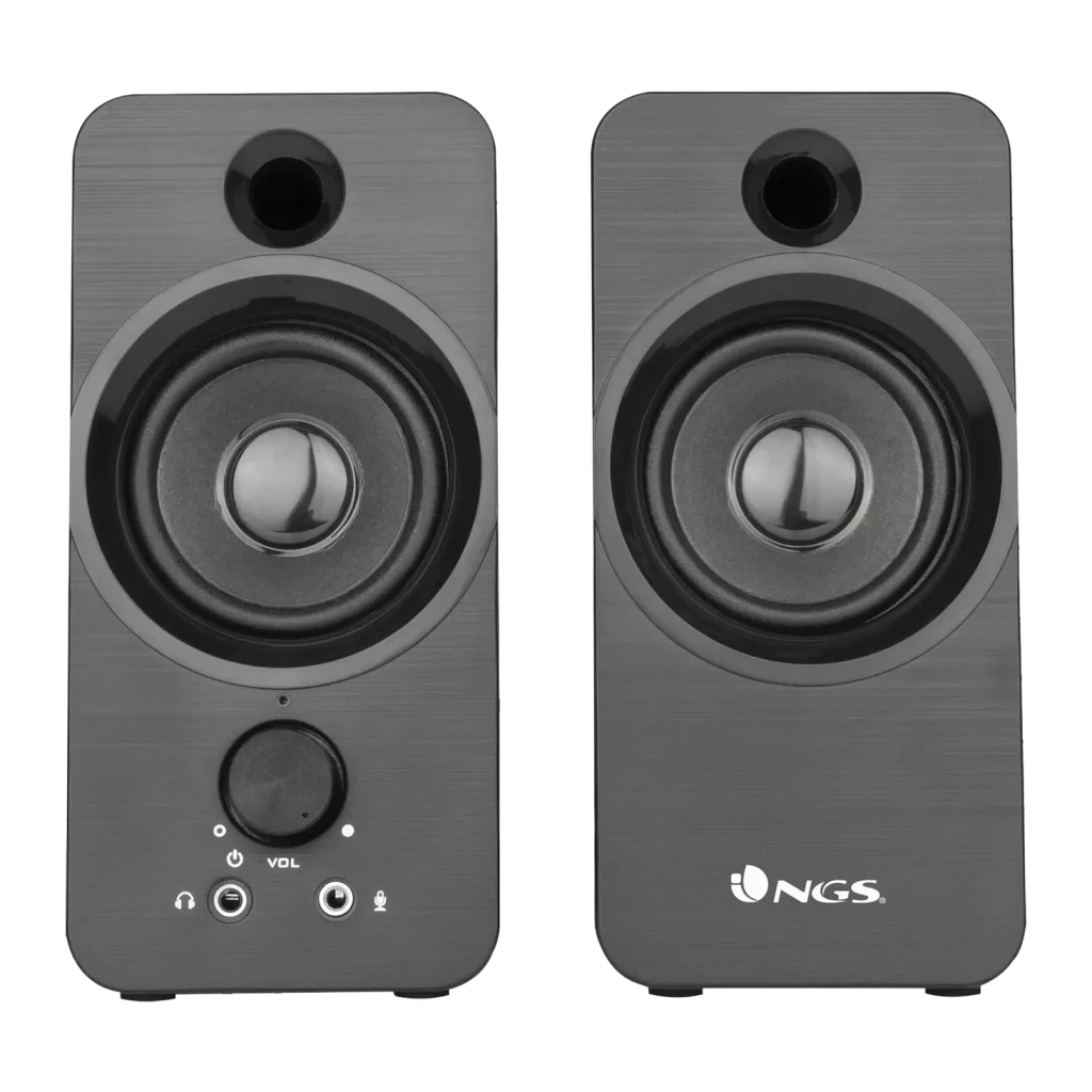 Colunas NGS SB350 6W Sem Fios, vista frontal: duas unidades, woofer circular, botão de volume e conectores na coluna esquerda