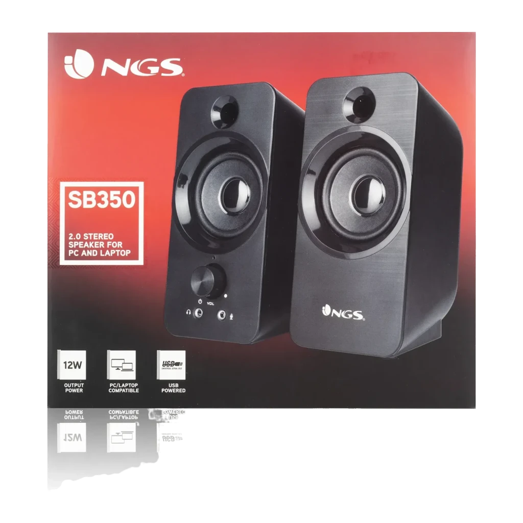 Colunas NGS SB350 6W Sem Fios, caixa: embalagem frontal vermelha com dois altifalantes pretos e especificações