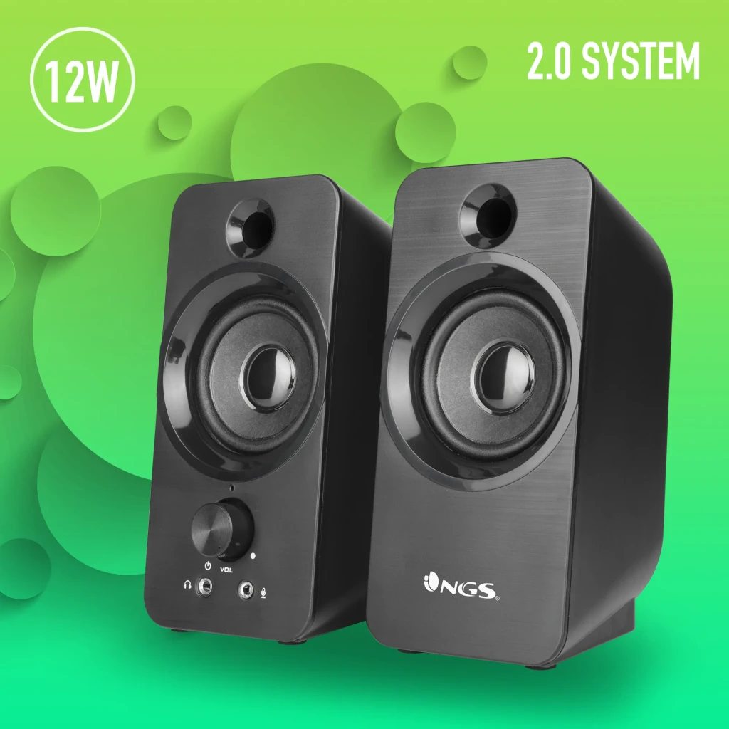Colunas NGS SB350 6W Sem Fios, par em ângulo: sistema 2.0 preto com woofer, tweeter e botão de volume