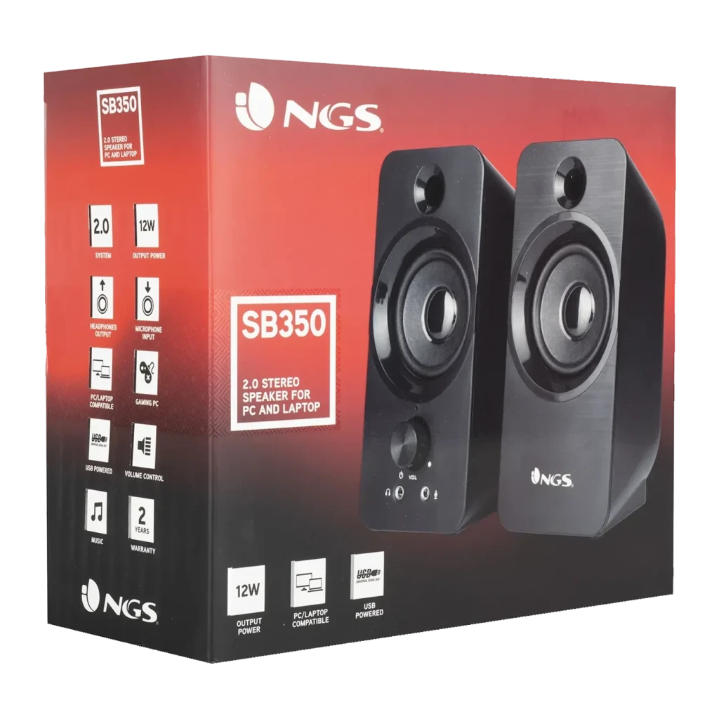 Colunas NGS SB350 6W Sem Fios, caixa: embalagem vermelha com as duas colunas pretas e especificações 2.0 estéreo
