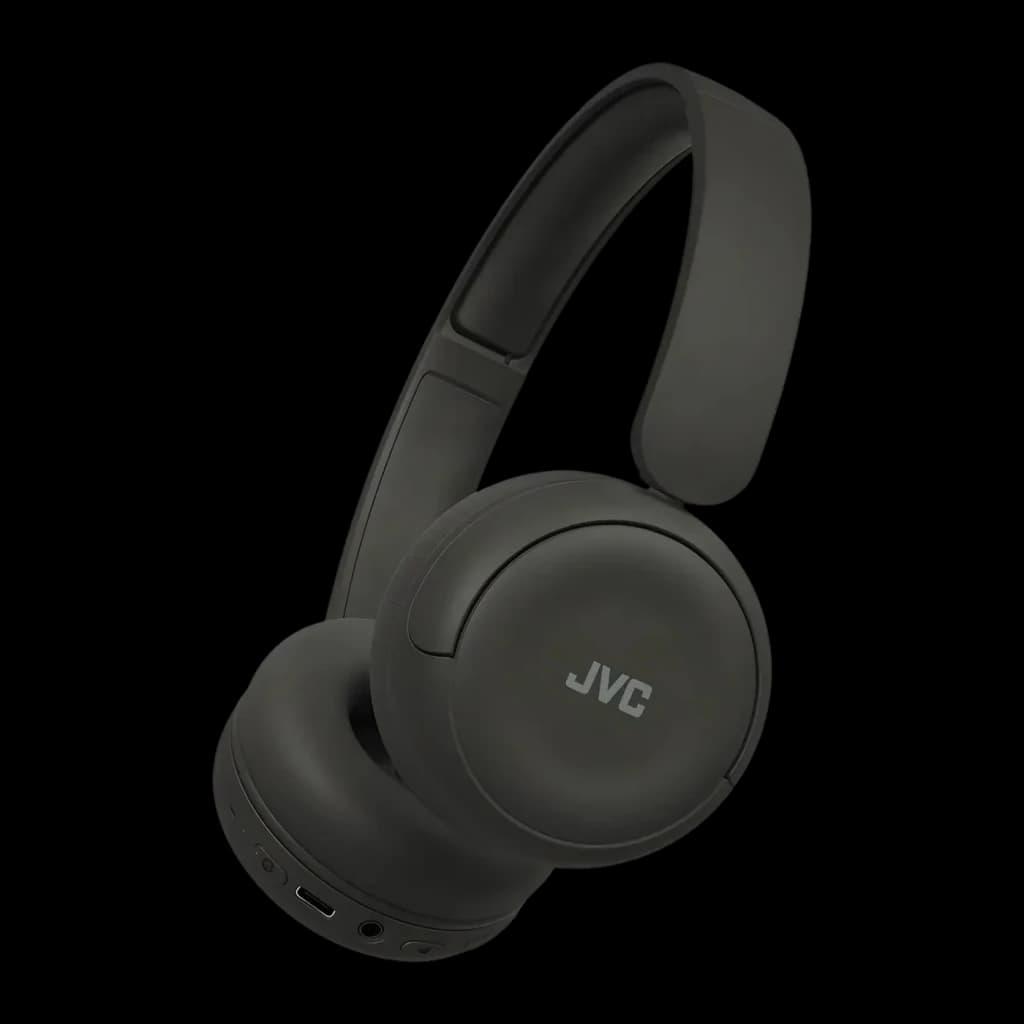 Casque JVC HA-S59W Bluetooth 5.4 50h Multipoint 2 appareils, vue latérale: casque noir avec logo JVC, arceau pliable