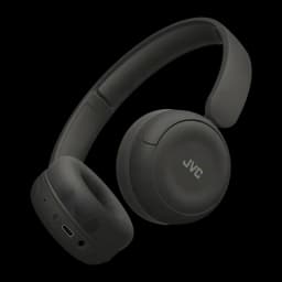 Casque JVC HA-S59W Bluetooth 5.4 50h Multipoint 2 appareils, vue en angle: logo JVC sur coque droite, port USB-C et jack