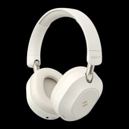 Casque Havit H668BT Arceau Bluetooth 5.4 80h Driver 40mm 32Ω, vue 3/4 avant: arceau blanc avec charnières dorées et logo