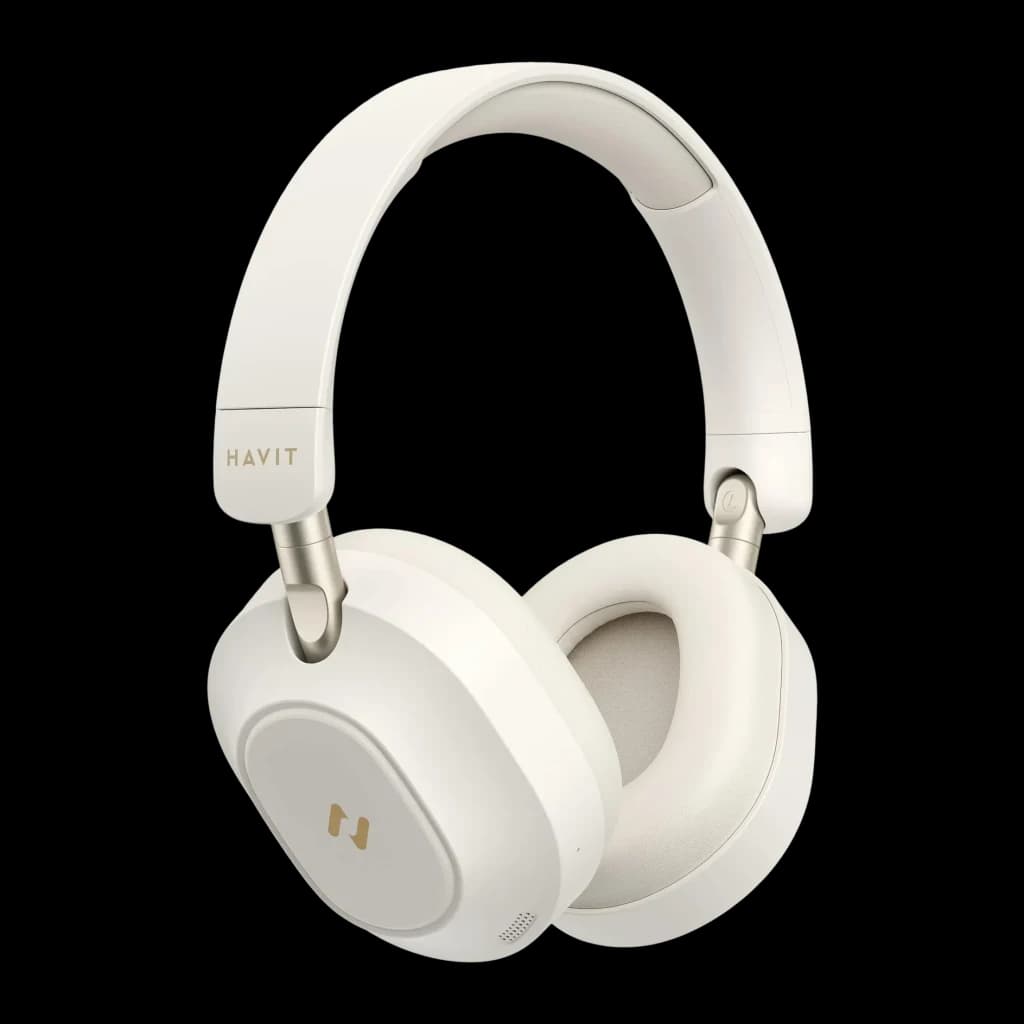 Casque Havit H668BT Arceau Bluetooth 5.4 80h Driver 40mm 32Ω blanc, vue latérale: coussinets, logo doré sur la coque