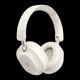 Casque Havit H668BT Arceau Bluetooth 5.4 80h Driver 40mm 32Ω blanc, vue latérale: coussinets, logo doré sur la coque