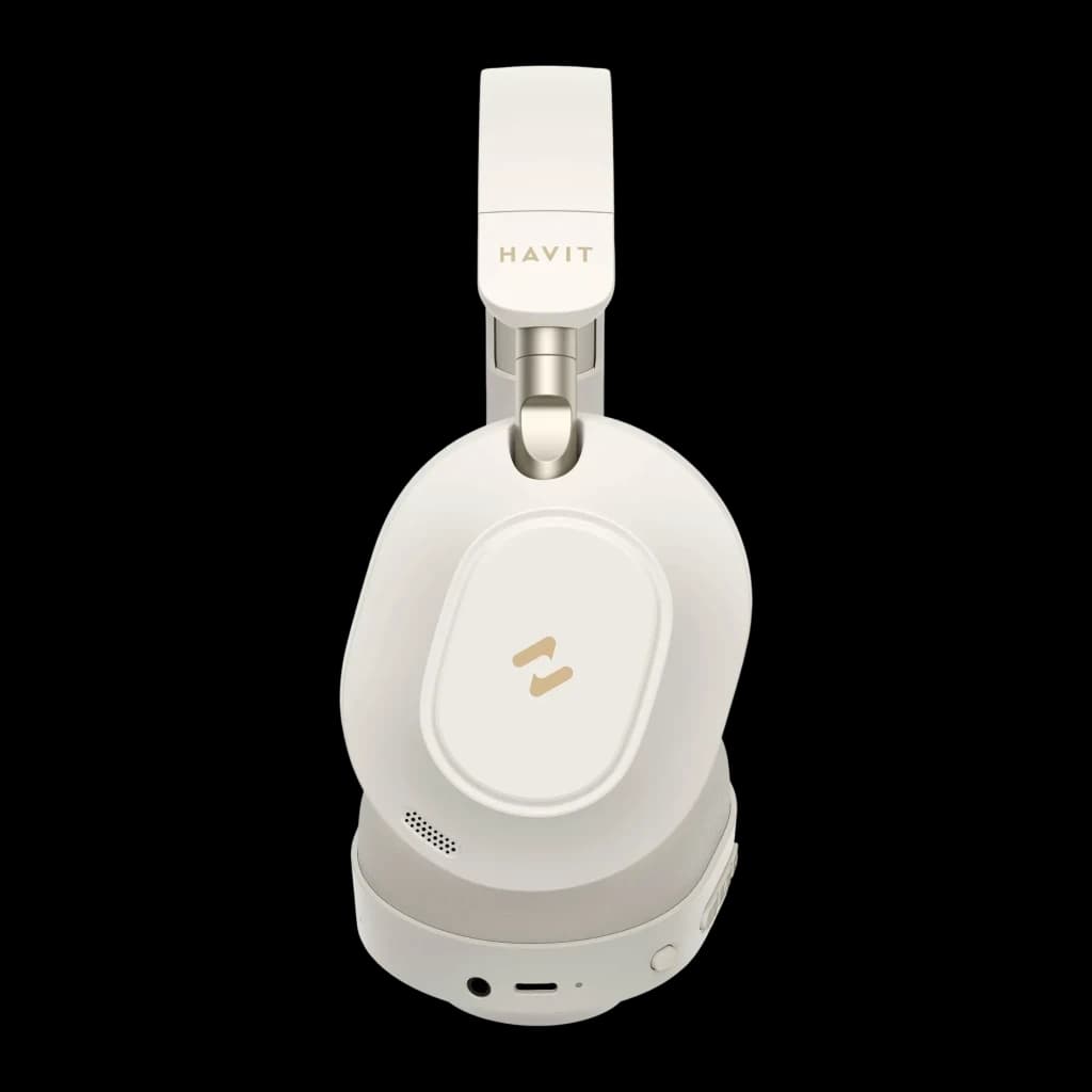Casque Havit H668BT Arceau Bluetooth 5.4 80h Driver 40mm 32Ω, vue latérale: coque droite blanche avec logo doré, micro